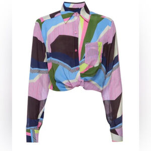 Le Superbe silk Interrupted Pattern Sunset Tower Tuck Blouse Colorful Geometric